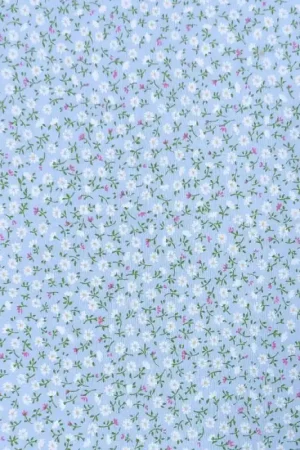 Sevenberry, Tessuto Fondo Azzurro con Fiori Bianchi e Rosa Popolare