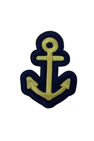 Spedizione Gratuita Applicazione Termo Adesiva Blu Ricamo Giallo Oro Lucido Ancora 5x6 Cm