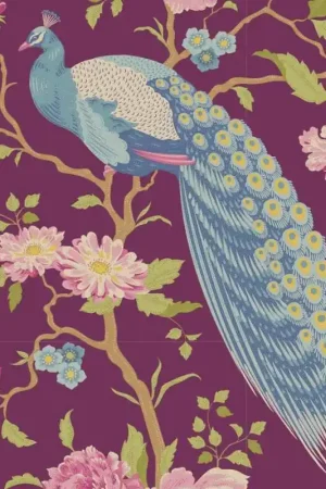 Tilda Chic Escape Peacock Tree Grape, Tessuto Viola con Pavoni Occasione Imperdibile