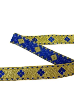 Prezzo Basso Passamaneria Gallone Bordo Nastro Sacro Ricamo Rombo Blu Lavoro Filo Giallo Oro Lurex Copripunto Alto 2 Cm
