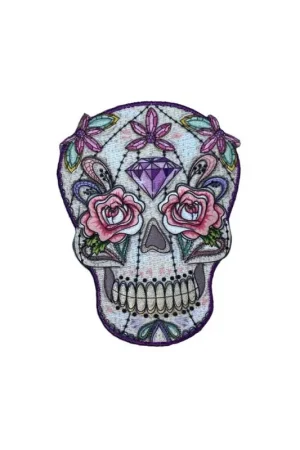 Offerta Applicazione Termoadesiva Patch Teschio Occhi Fiore Ricamo Denti Lurex Argento 11x8 Cm