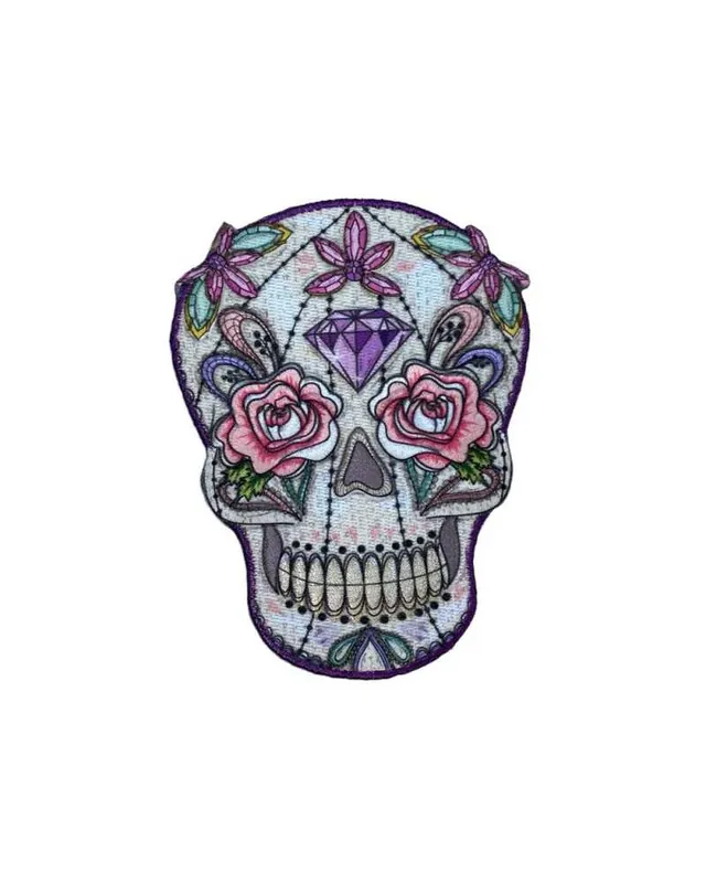Offerta Applicazione Termoadesiva Patch Teschio Occhi Fiore Ricamo Denti Lurex Argento 11x8 Cm