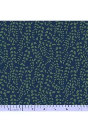 Marcus Fabrics Dance at Dusk, Tessuto Blu con Piccole Foglie Verde Subito Disponibile