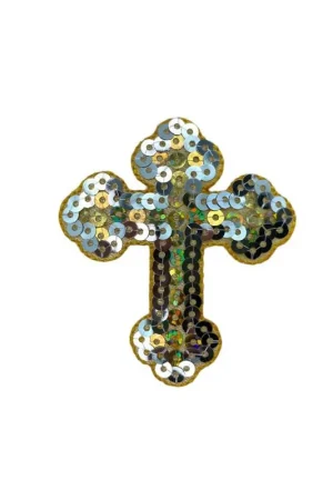 Promo Stagionale Applicazione Termoadesiva Patch Toppa Croce Paillettes Argento Ricamo Oro Filo Lucido Mm 60x55