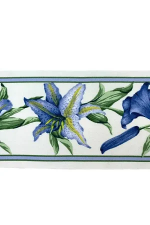 Ultimissimo Modello Nastro stampa fiori giglio blu foglia verde bordo tessuto cotone gabardine alto 7,5 cm