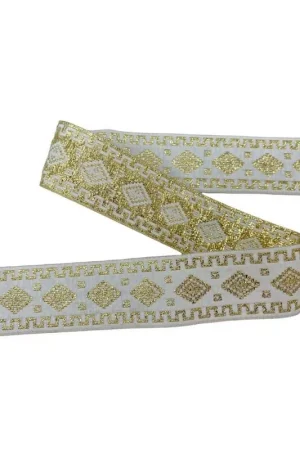 Prezzo Scontato Passamaneria Nastro Gallone Sacro Bianco Ricamo Oro Lurex Alto 3 Cm