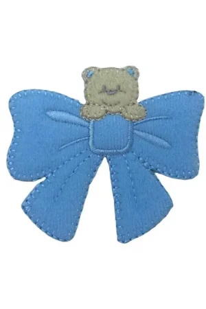 Applicazione Patch Termoadesiva Fiocco Baby Orsetto Ricamo Fiocco Coccarda Velluto 60x65 Mm Novità