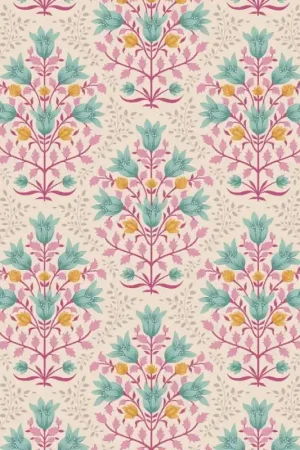 Offerta Lampo Tilda Windy Days Breeze Teal, Tessuto Panna con Fiori Verde Acqua e Foglie Rosa