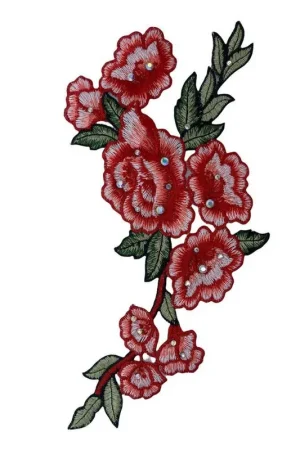 Miglior Prezzo Applicazione Termoadesiva Patch Ricamo Fiore Rosso Strass Filo Lucido 24x11 Cm