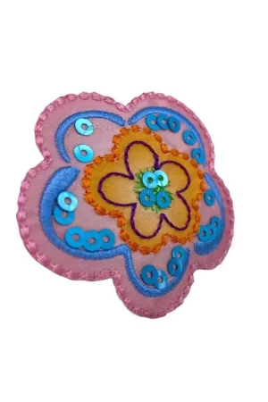 Offerta Applicazione Termoadesiva Ricamo Fiore Base Raso Rosa Filo Paillettes 5,5 Cm