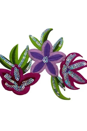 Applicazione Termoadesiva Ricamo Fiore Fosa Fucsia Lilla Verde Paillettes Argento 16x15 Cm Novità