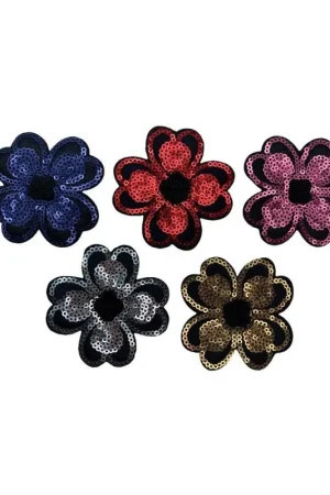 Prezzo Basso Applicazione Patch Termoadesiva Base Nero Ricamo Fiore Paillettes 7,5 Cm