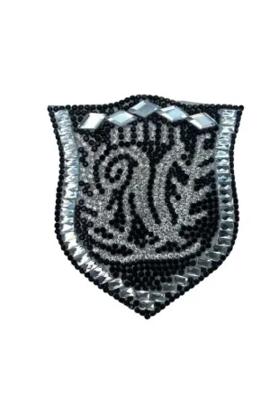 Applicazione Patch Termoadesiva Gioiello Scudetto Strass Argento Nero 75x70 Mm Affare
