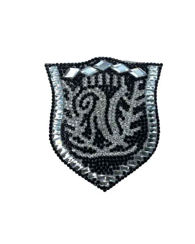 Applicazione Patch Termoadesiva Gioiello Scudetto Strass Argento Nero 75x70 Mm Affare