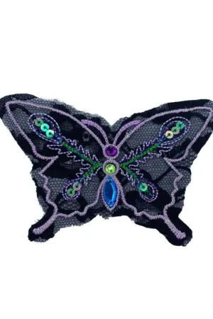 Applicazione Pizzo Nero Ricamo Filo Lurex Farfalla Paillettes Pietre 11x7 Cm Ultime Pezzi