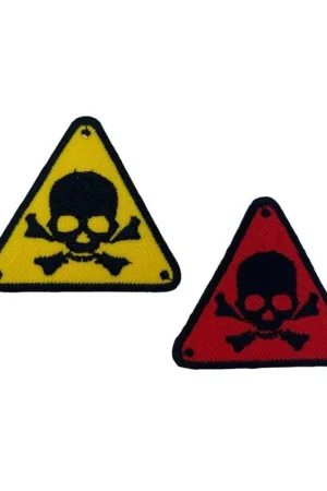 Offerta Limitata Applicazione Triangolo Pericolo Patch Termoadesiva Ricamo Teschio Morte 5,5x5 Cm
