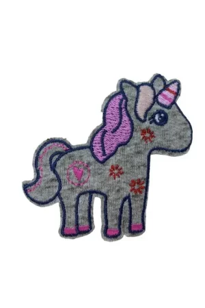 Consegna Rapida Applicazione Toppa Patch Termoadesiva Baby Tessuto Maglina Grigio Ricamo Unicorno 7 Cm
