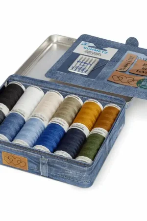 Scatolina metallica con 12 fili denim e accessori da cucito - Gütermann Offerta Limitata