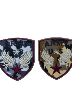 Applicazione Termoadesiva Patch Tessuto Mimetico Militare Ricamo ARMY Stella Ali Lurex Argento 55x65 Mm Offerta Limitata