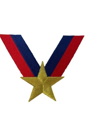 Applicazione Toppa Patch Termoadesiva Stella Ricamo Oro Lurex Riga Rosso Blu 7x9 Cm Occasione