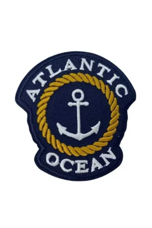 Applicazione Termoadesiva Blu Ricamo Ancora Bianco Corda Oro 70x65 Mm Non Perdere