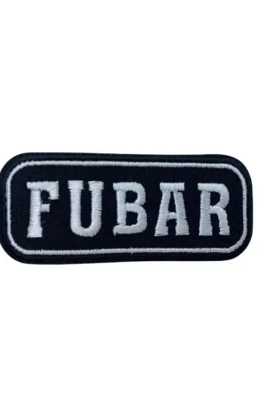 Applicazione Patch Termoadesiva Moto Nero Ricamo Bianco Scritta FUBAR 8x3 Cm Spedito Oggi