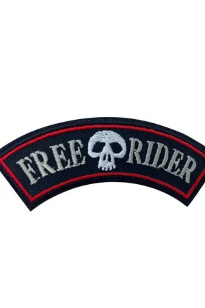 Applicazione Patch Termoadesiva Moto Nero Ricamo Teschio Scritta FREE RIDER 90x25 Mm Saldi