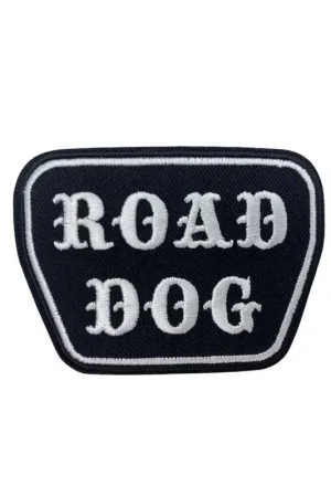 Offerta Lampo Applicazione Patch Termoadesiva Moto Nero Ricamo Bianco Scritta ROAD DOG 8x6 Cm