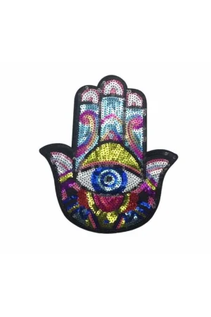 Spedito Oggi Applicazione Termoadesiva Patch Ricamata Paillettes Mano Fatima Hamsa 20x22 Cm
