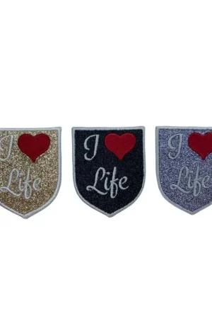 Spedizione Gratuita Applicazione Termoadesiva Patch Cuore Glitter Ricamato Scritta Life 45x5 Mm