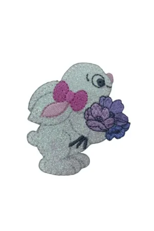 Ultimissimo Modello Applicazione Termoadesiva Ricamo Glitter Patch Coniglio Fiocco Fiori 55x50 Mm