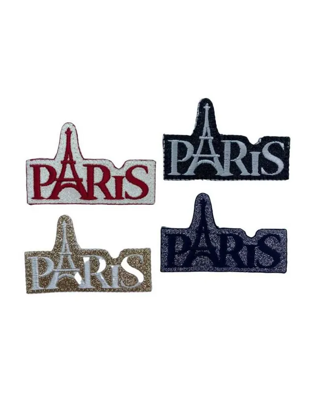 Applicazione Termoadesiva Patch Glitter Lurex Ricamata Scritta Paris 70x45 Mm Più Venduto