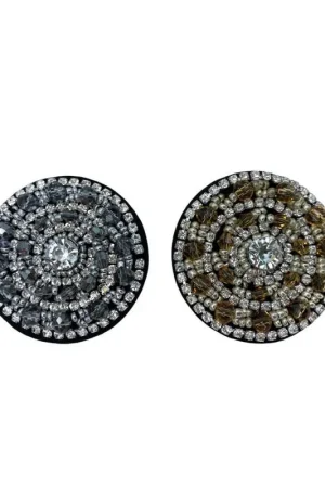 Vendita Finale Applicazione Cucibile Patch Tonda Strass Argento Filo Perline 45x45 Mm