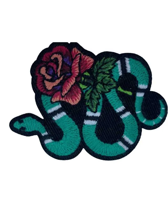 Consegna Rapida Patch Termoadesiva Ricamata Tattoo Flowers Serpente Verde Nero Bianco 6x5 cm Fiore Rosa