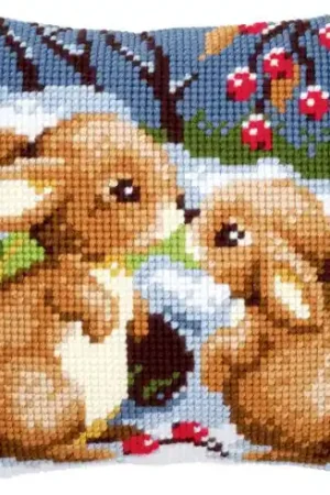 Kit cuscino fori grossi - Cuscino da ricamare conigli nella neve - Vervaco Prezzo Ridotto