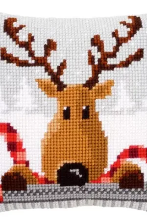 Di Tendenza Kit cuscino fori grossi - Cuscino da ricamare renne con sciarpa rossa - Vervaco