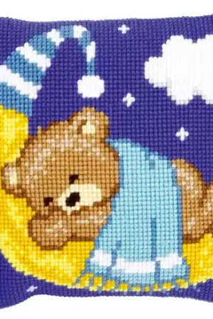 Kit cuscino fori grossi - Cuscino da ricamare orso sulla luna blu - Vervaco Nuovo Arrivo