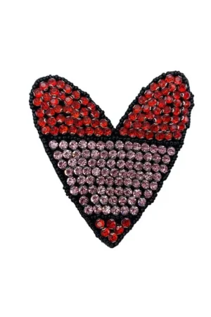 Applicazione Cuore Strass Rosso Rosa Perline Nero Da Cucire 9x8 Cm Economico