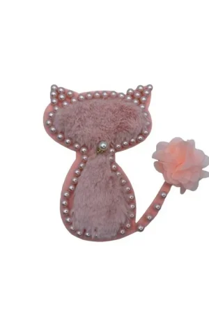 Applicazione Gatto Panno Lenci Pelliccia Rosa Perle Bottone Gioiello Fiore Tessuto Alto 16x11 Cm Ultima Occasione