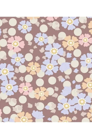 Acquista Ora Tilda 110 PlumGarden, Windflower Nutmeg, fondo cappuccino con pois avorio e fiori vari rosa, azzurro confetto e arancio chiaro.