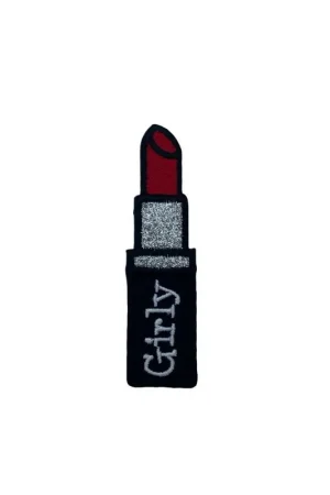 Ultima Occasione Applicazione Patch Termoadesiva Ricamata Nero Rossetto Rosso Glitter Argento Scritta Girly Bianco 8x2 Cm
