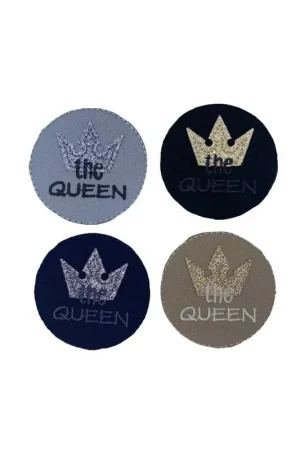 Promozione Esclusiva Applicazione Termoadesiva Patch Tonda Corona Glitter Oro Scritta Queen 5x5 Cm