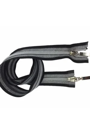 Esclusivo Cerniera Lampo Zip Chiusura Riga Nero Argento Lurex Doppio Cursore Sganciabile Lunga 80 Cm