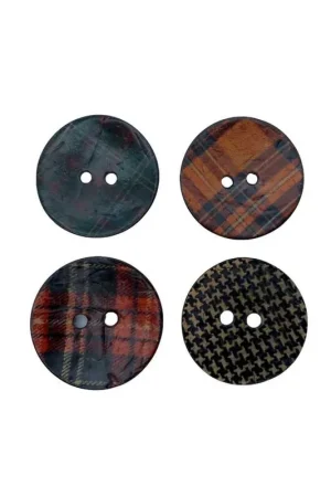 Bottone 2 Buchi in Cocco Scozzese Tartan Rosso,Verdone,Bronzo, Stampa Linea 28, Mm 18 Nuovo Arrivo