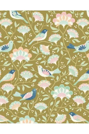 Di Tendenza Tilda Harvest Bird Tree Green, Tessuto Verde con Uccellini