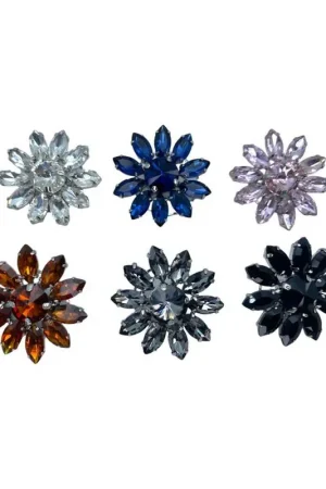 Bottone Gioiello Fiore 10 Petali Strass Base Metallo Gambo Argento 28 Mm Novità