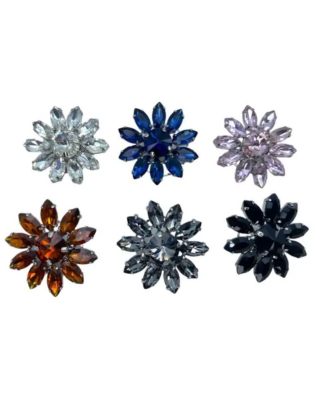 Bottone Gioiello Fiore 10 Petali Strass Base Metallo Gambo Argento 28 Mm Novità