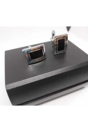 Gemelli Bottoni Rettangolari Argento e Nero in Metallo Lucido Prezzo Scontato