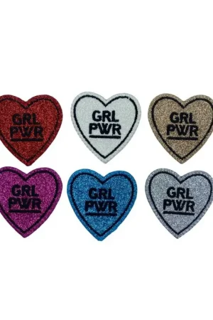 Spedizione Espresso Applicazione Toppa Patch Termoadesiva Ricamo Cuore Glitter Scritta GRL PWR 45x50 Mm
