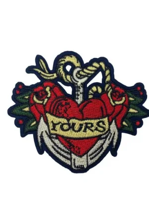 Prezzo Conveniente Applicazione termoadesiva patch toppa cuore rosso fondo blu scritta yours 12x10 cm